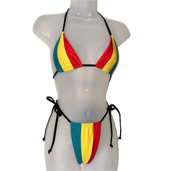 New Small Rasta Jamaica Striped Adjustable Ruched Bikini Swimsuit African Reggae - Picture 2 of 6